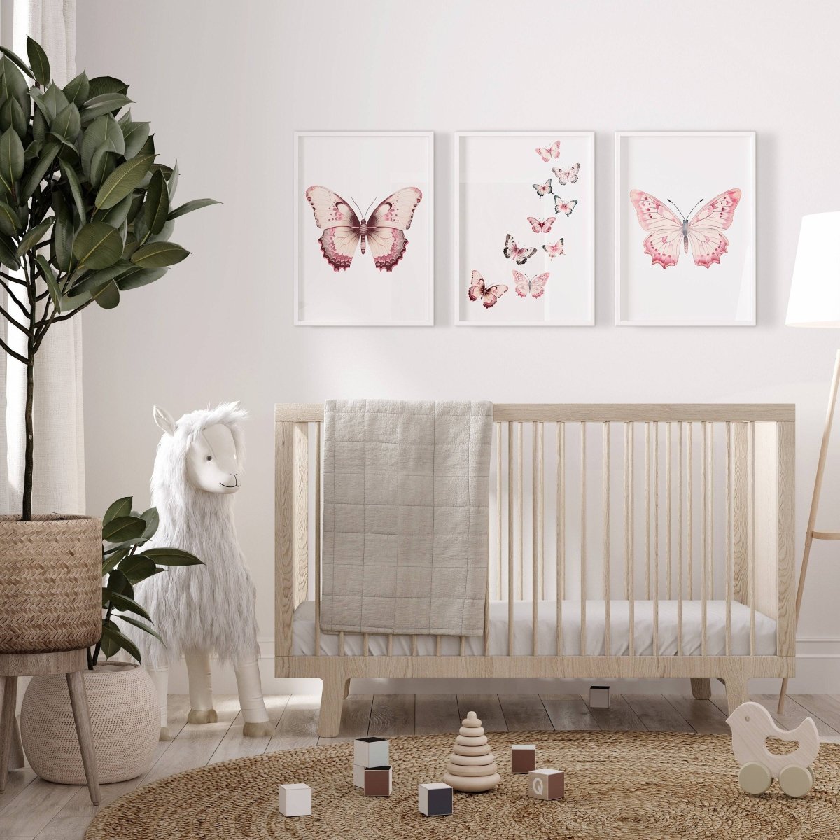 Pink Butterflies Nursery Wall Art | Set of 3 | Boho Decor for Baby Girls' Room - RoseRowanDesign -