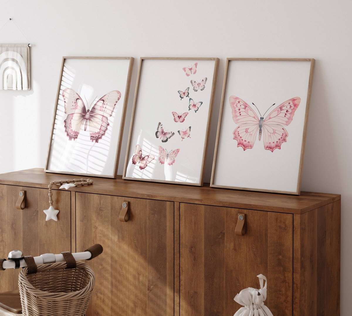 Pink Butterflies Nursery Wall Art | Set of 3 | Boho Decor for Baby Girls' Room - RoseRowanDesign -