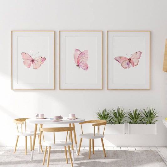 Pink Butterfly Nursery Wall Art | Set of 3 | Girly Bedroom Prints for Baby Girls' Room - RoseRowanDesign -