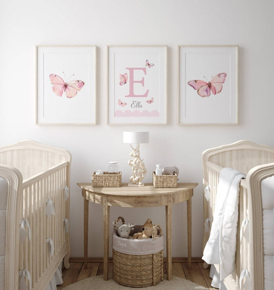 Pink Butterfly Personalised Nursery Prints | Set of 3 | Decor for Baby Girls' Room - RoseRowanDesign -