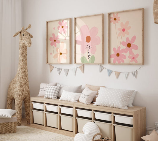 Pink Flowers Personalised Set of 3 Girls Prints | Wall Art for Nursery, Bedroom or Playroom - RoseRowanDesign - Wall Art