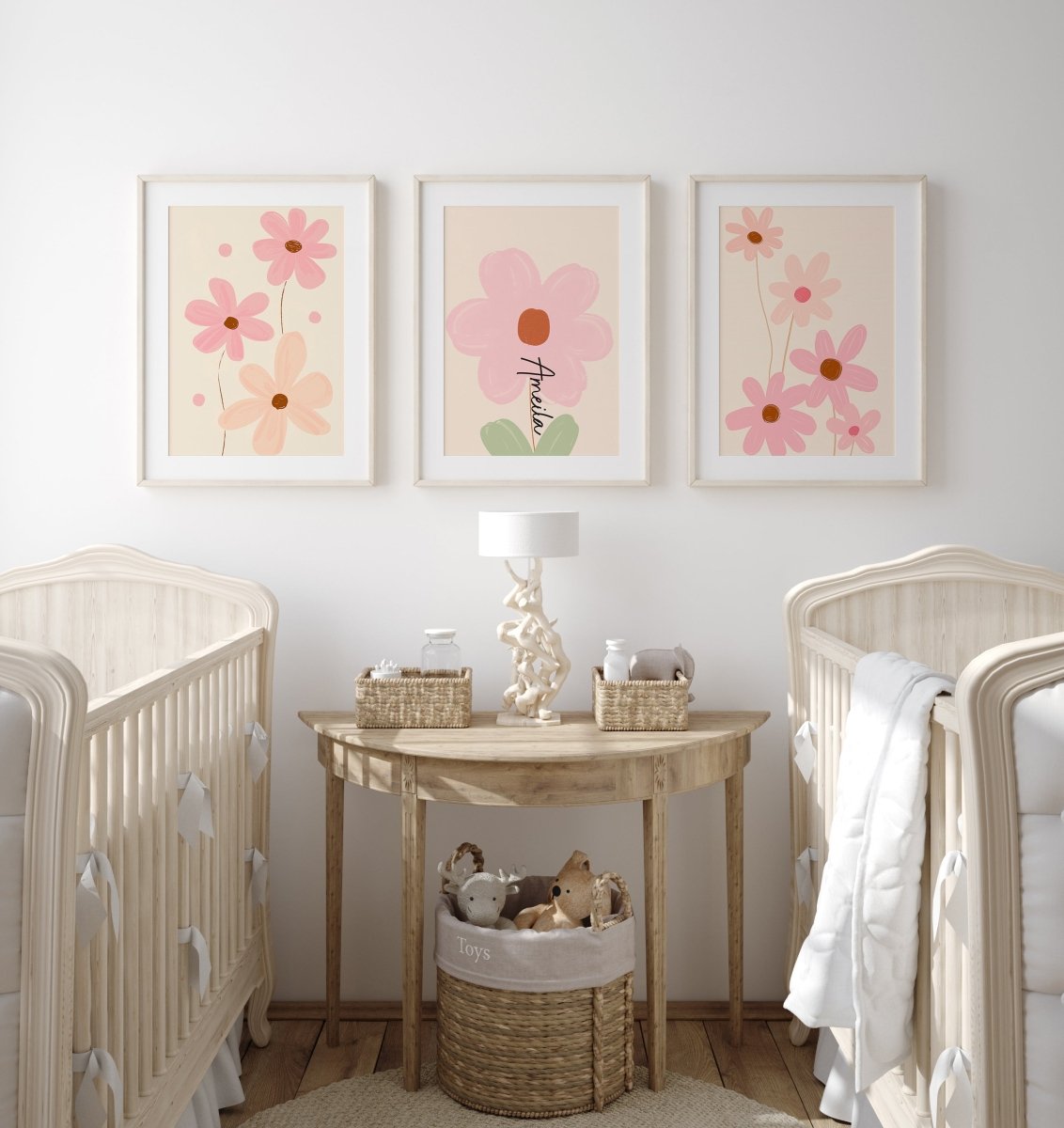 Pink Flowers Personalised Set of 3 Girls Prints | Wall Art for Nursery, Bedroom or Playroom - RoseRowanDesign - Wall Art
