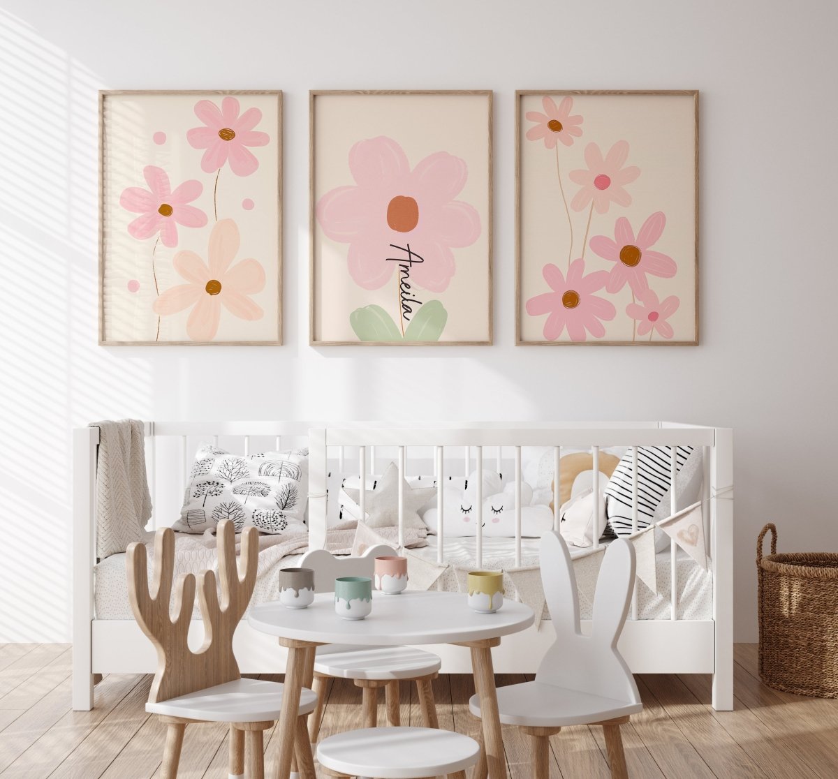 Pink Flowers Personalised Set of 3 Girls Prints | Wall Art for Nursery, Bedroom or Playroom - RoseRowanDesign - Wall Art