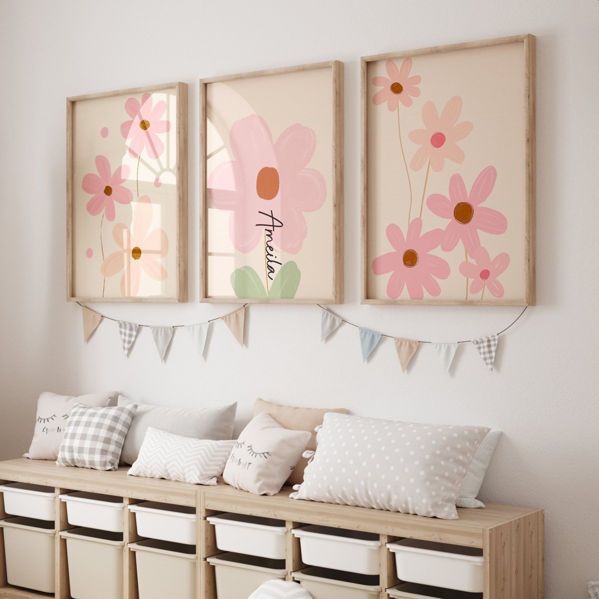 Pink Flowers Personalised Set of 3 Girls Prints | Wall Art for Nursery, Bedroom or Playroom - RoseRowanDesign - Wall Art