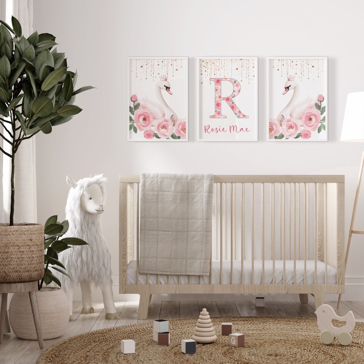 Pink Swans Personalised Set of 3 Prints | Wall Art for Nursery, Bedroom or Playroom - RoseRowanDesign - Wall Art