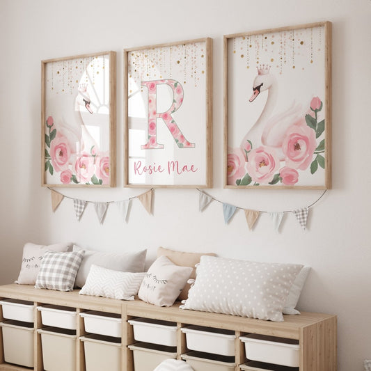 Pink Swans Personalised Set of 3 Prints | Wall Art for Nursery, Bedroom or Playroom - RoseRowanDesign - Wall Art