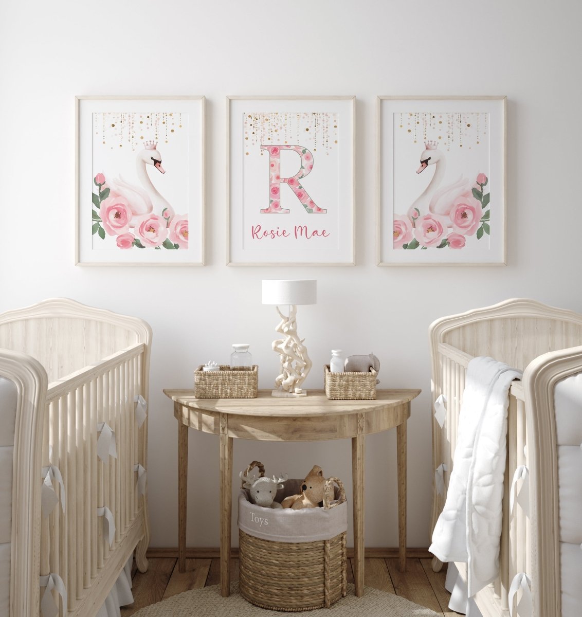 Pink Swans Personalised Set of 3 Prints | Wall Art for Nursery, Bedroom or Playroom - RoseRowanDesign - Wall Art