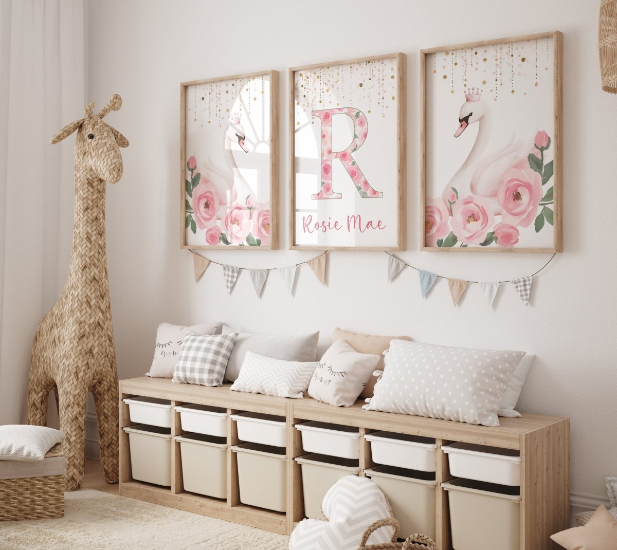 Pink Swans Personalised Set of 3 Prints | Wall Art for Nursery, Bedroom or Playroom - RoseRowanDesign - Wall Art