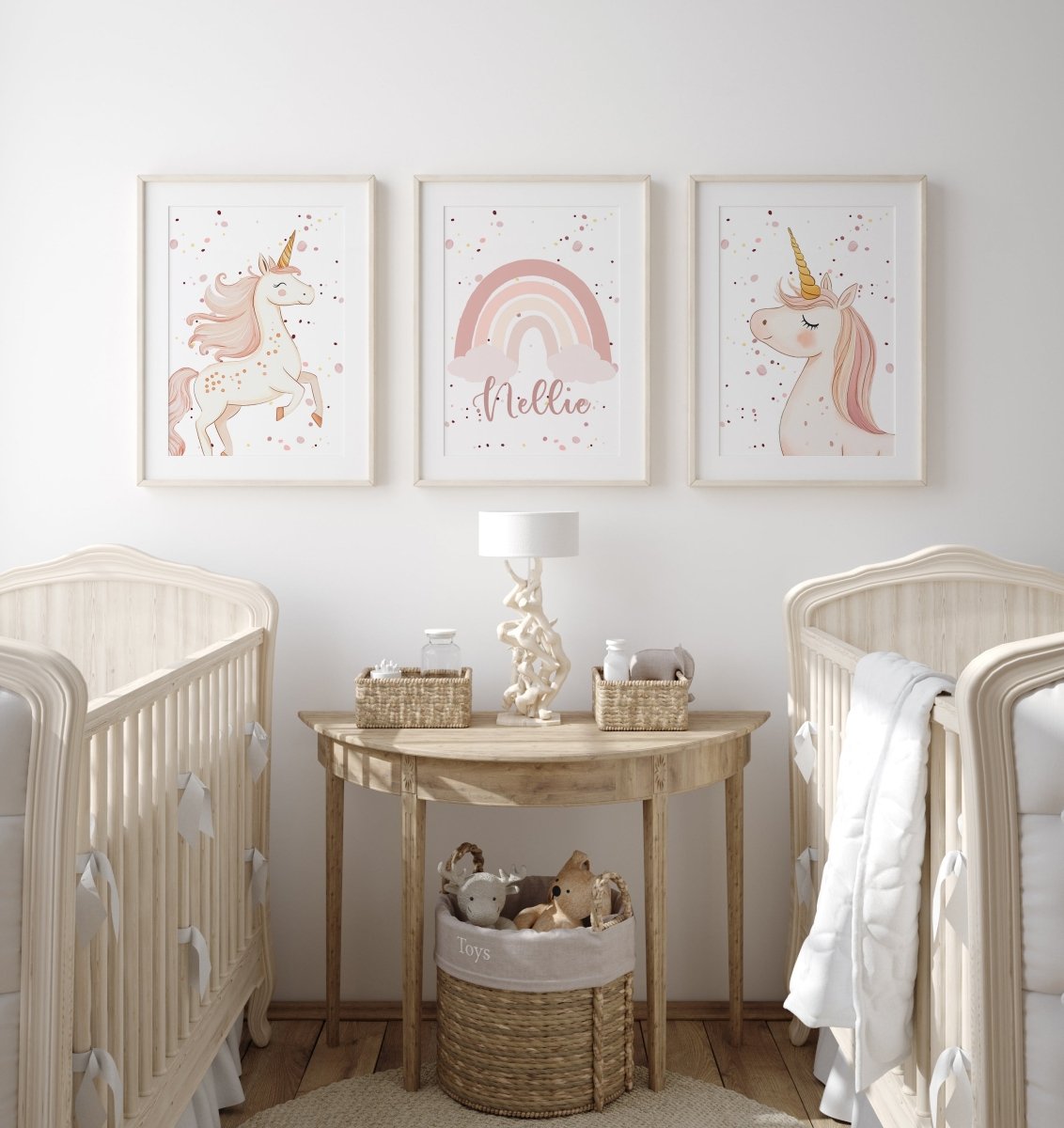 Pink Unicorns Personalised Set of 3 Prints | Pink Rainbow for Girls Room - RoseRowanDesign - Wall Art