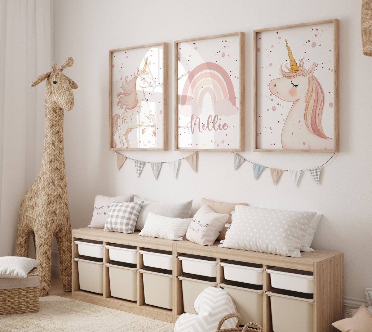 Pink Unicorns Personalised Set of 3 Prints | Pink Rainbow for Girls Room - RoseRowanDesign - Wall Art