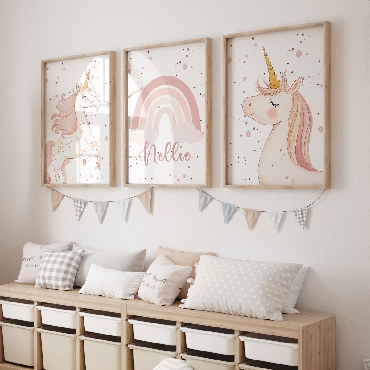Pink Unicorns Personalised Set of 3 Prints | Pink Rainbow for Girls Room - RoseRowanDesign - Wall Art