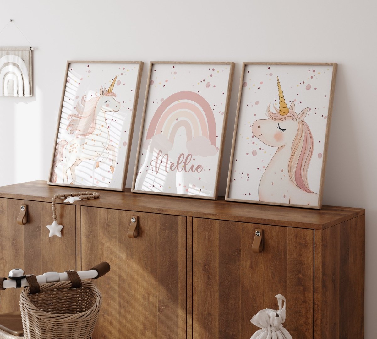 Pink Unicorns Personalised Set of 3 Prints | Pink Rainbow for Girls Room - RoseRowanDesign - Wall Art