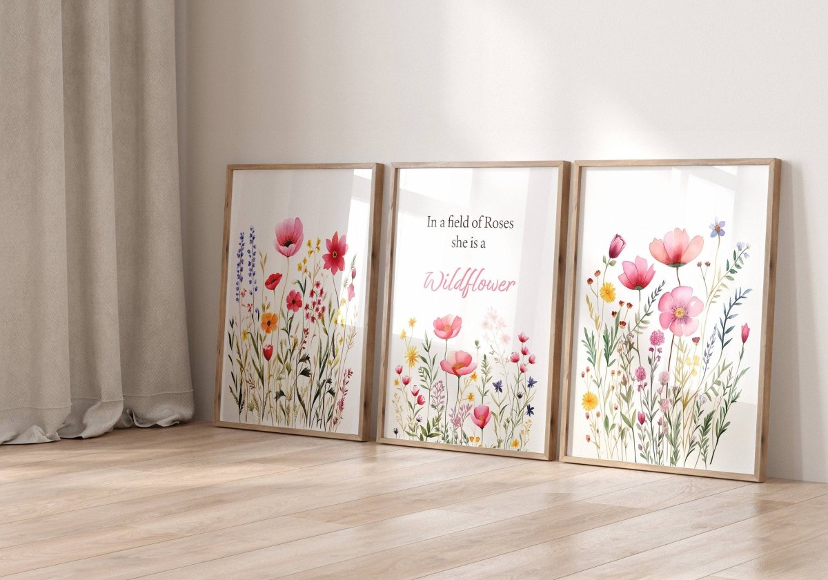 Pink Wildflower Nursery Prints | Set of 3 | Floral Decor for Baby Girls' Room - RoseRowanDesign -