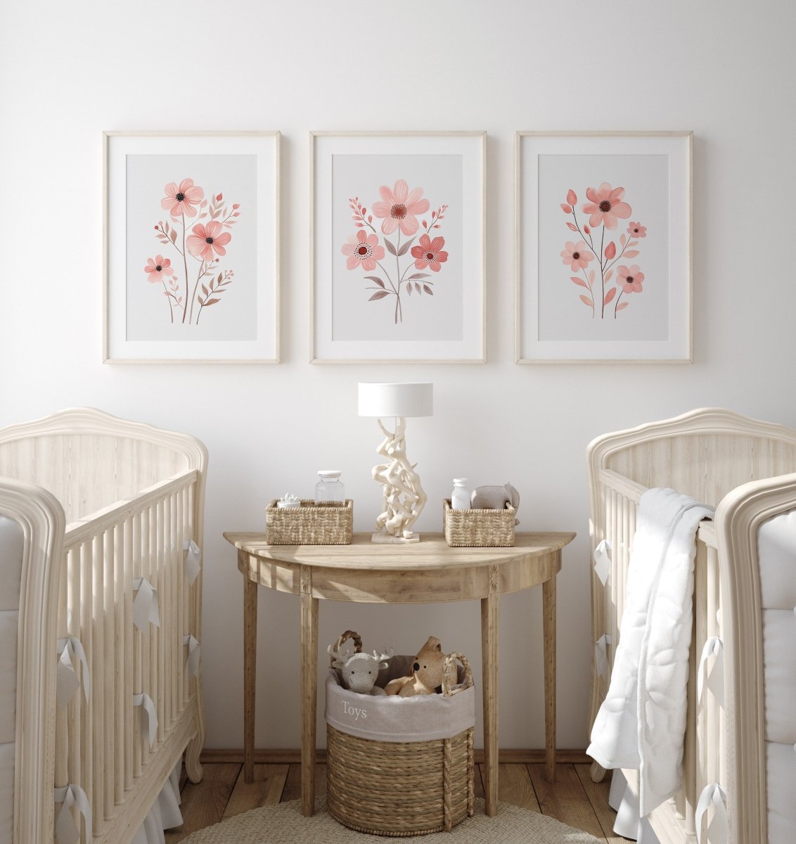 Pink Wildflower Nursery Wall Art | Set of 3 | Floral Decor for Baby Girls' Room - RoseRowanDesign -