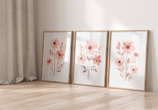 Pink Wildflower Nursery Wall Art | Set of 3 | Floral Decor for Baby Girls' Room - RoseRowanDesign -