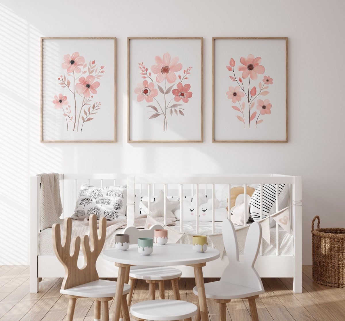 Pink Wildflower Nursery Wall Art | Set of 3 | Floral Decor for Baby Girls' Room - RoseRowanDesign -