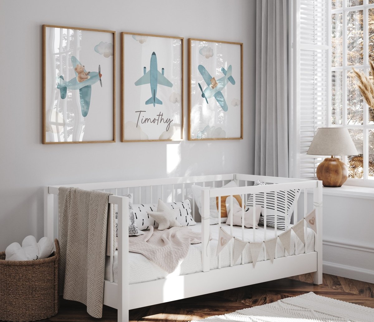 Plane Personalised Set of 3 Wall Prints | Wall Art for Nursery, Bedroom or Playroom - RoseRowanDesign - Wall Art