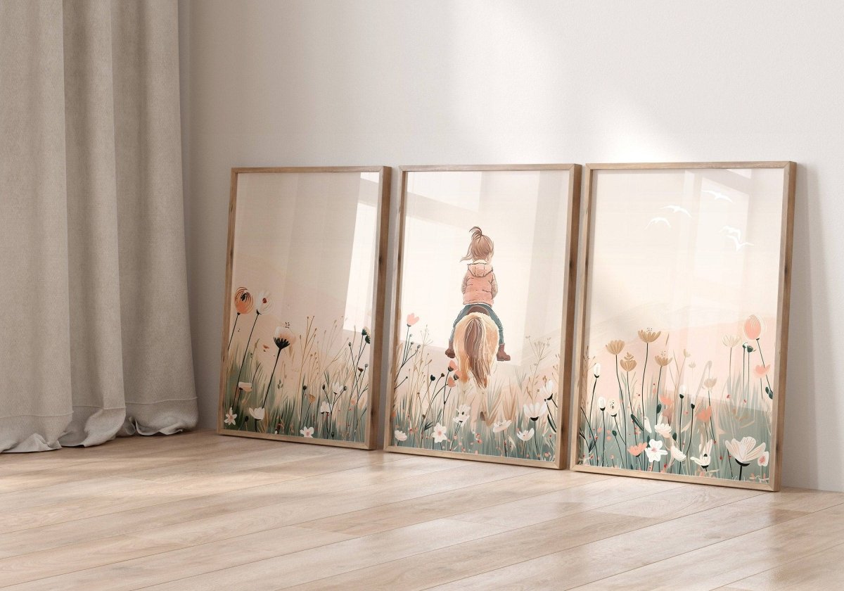 Pony Nursery Wall Art | Set of 3 | Beige & Pink Boho Girls' Room Decor - RoseRowanDesign -