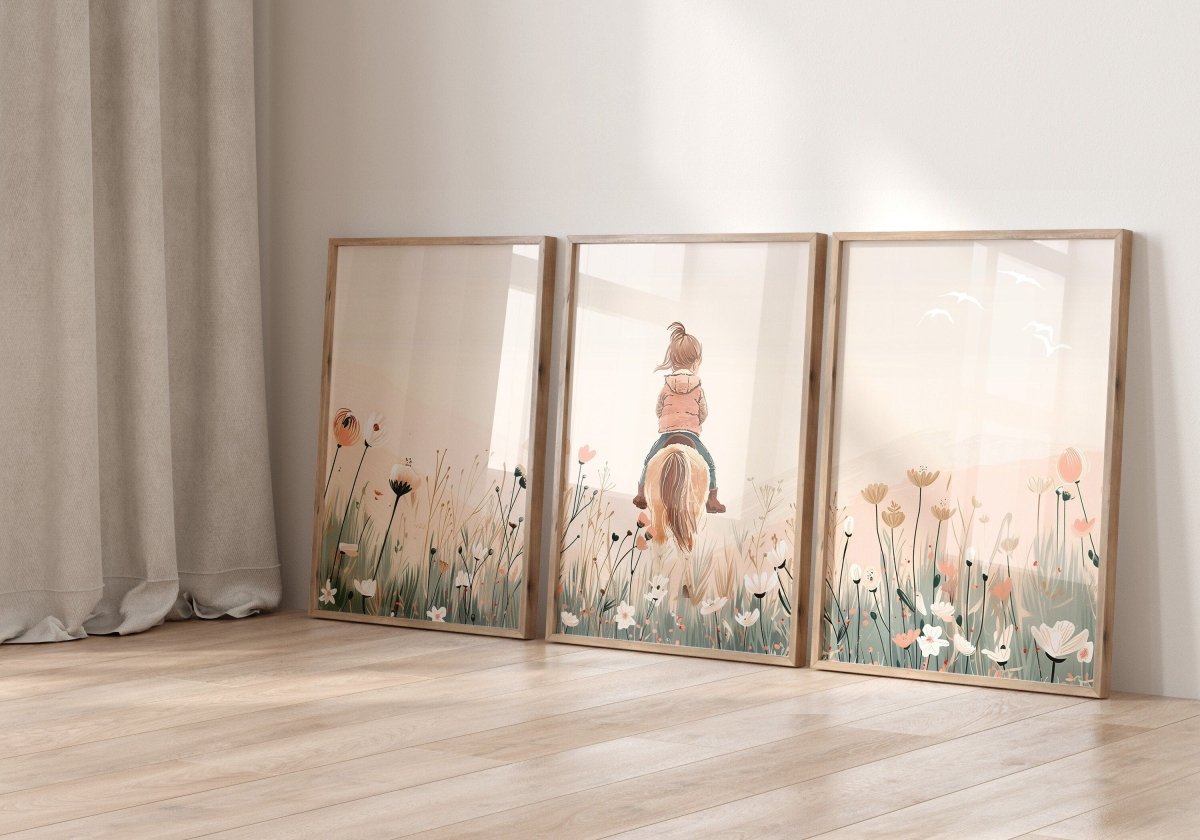Pony Nursery Wall Art | Set of 3 | Beige & Pink Boho Girls' Room Decor - RoseRowanDesign -