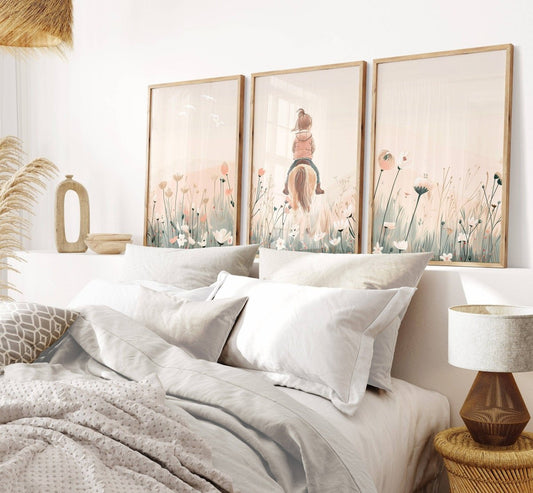 Pony Nursery Wall Art | Set of 3 | Beige & Pink Boho Girls' Room Decor - RoseRowanDesign -