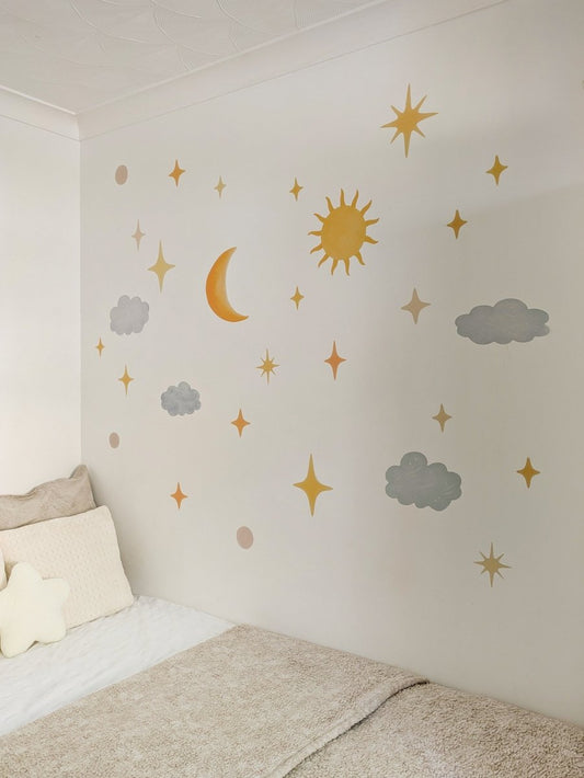 Premium Fabric Nursery Wall Stickers - Moon Stars & Sun - RoseRowanDesign -