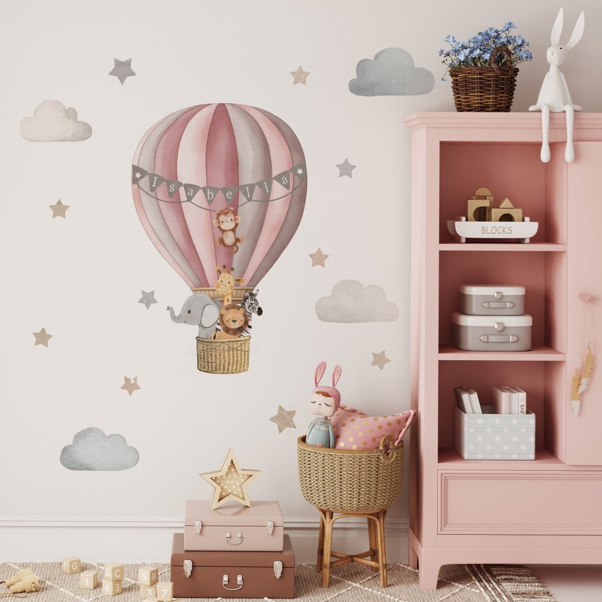 Premium Fabric Nursery Wall Stickers - Personalised Hot Air Balloon - 8 Colours Available - RoseRowanDesign -