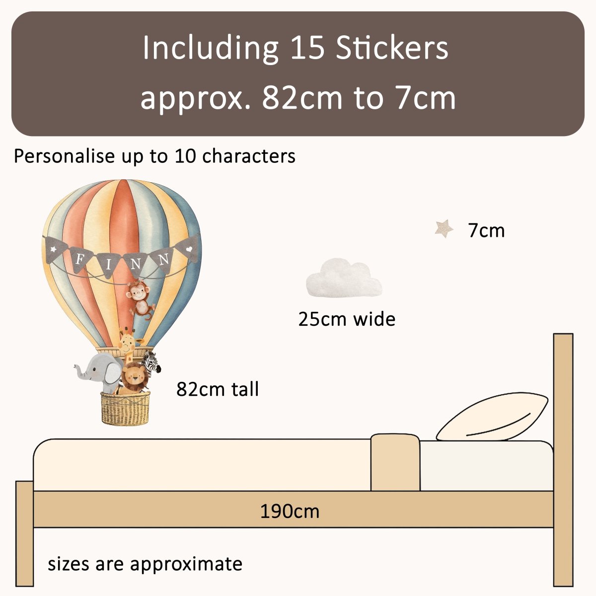 Premium Fabric Nursery Wall Stickers - Personalised Hot Air Balloon - 8 Colours Available - RoseRowanDesign -