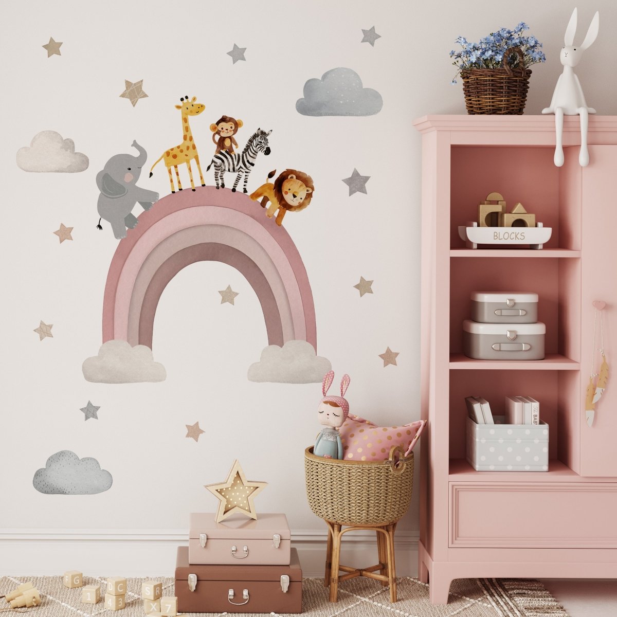 Premium Fabric Nursery Wall Stickers - Rainbow Safari Animals - 8 Colours Available - RoseRowanDesign -
