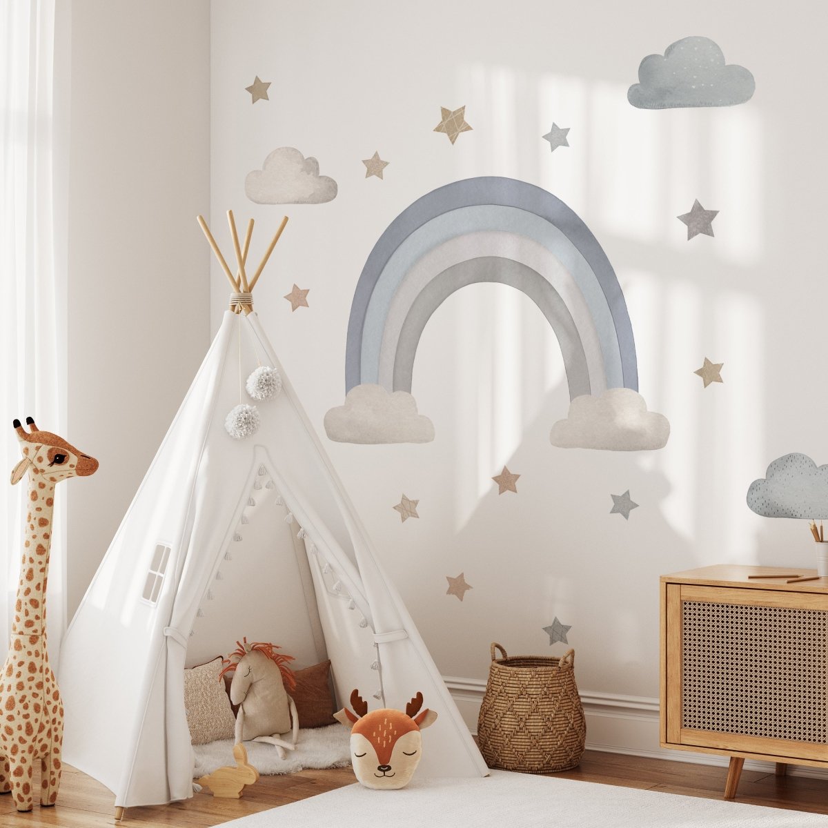 Premium Fabric Nursery Wall Stickers - Rainbow Stars and Clouds - 8 Colours Available - RoseRowanDesign -