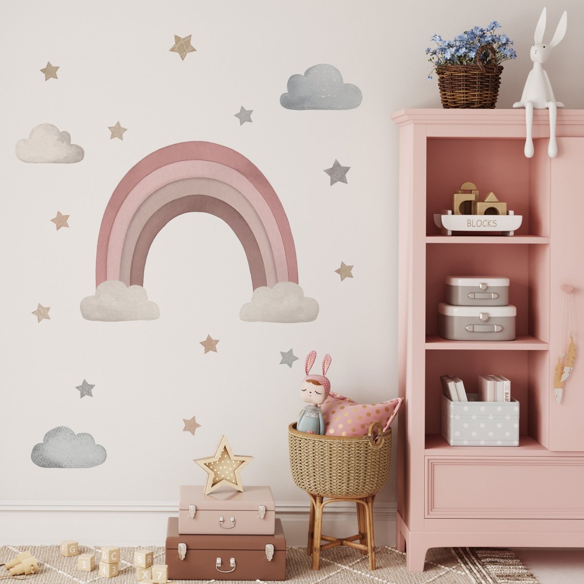 Premium Fabric Nursery Wall Stickers - Rainbow Stars and Clouds - 8 Colours Available - RoseRowanDesign -