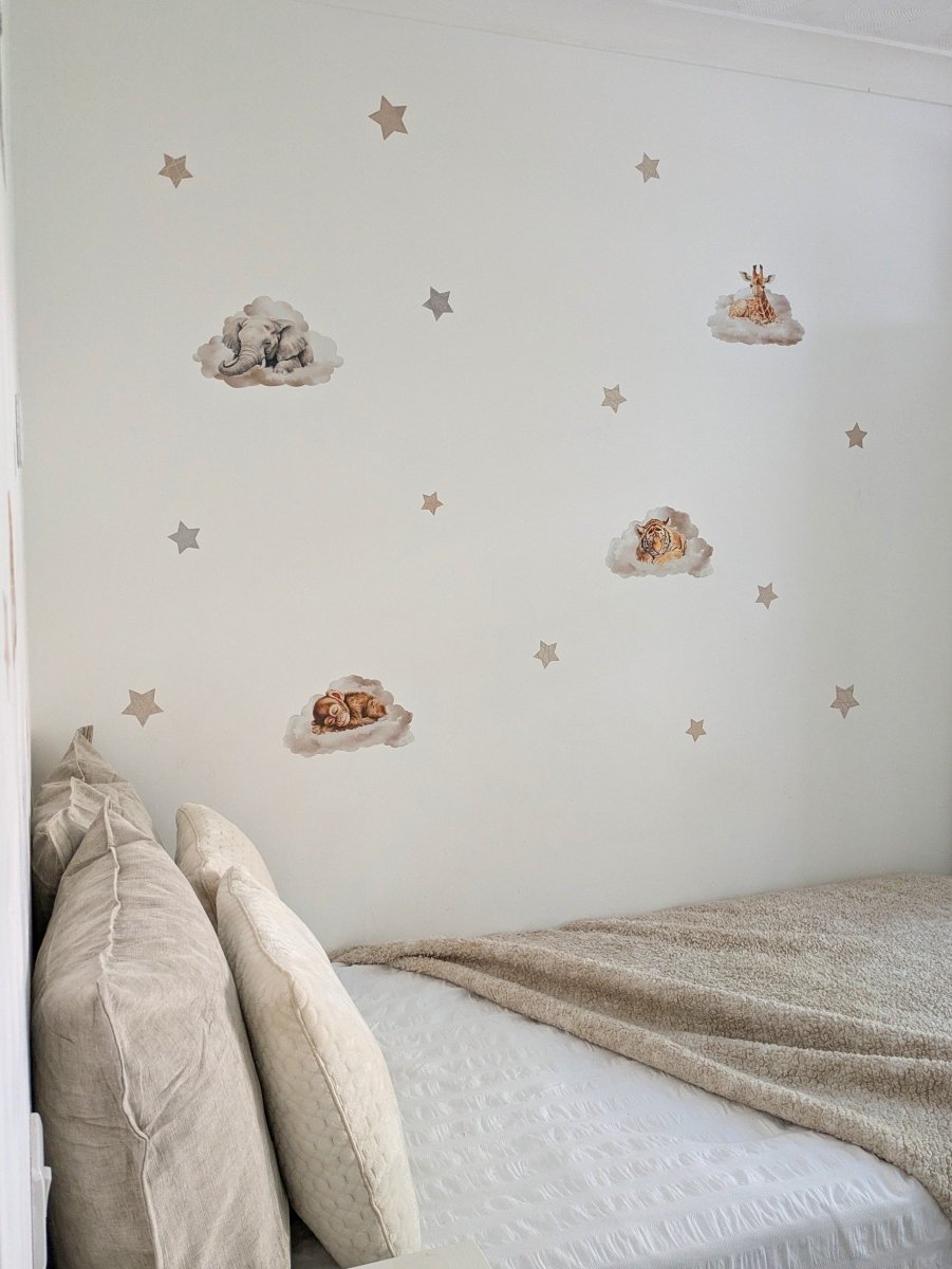 Premium Fabric Nursery Wall Stickers - Safari Animals Sleeping on Clouds - RoseRowanDesign -