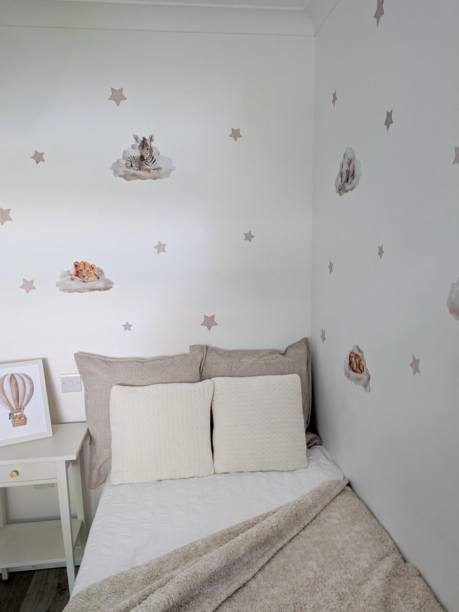 Premium Fabric Nursery Wall Stickers - Safari Animals Sleeping on Clouds - RoseRowanDesign -