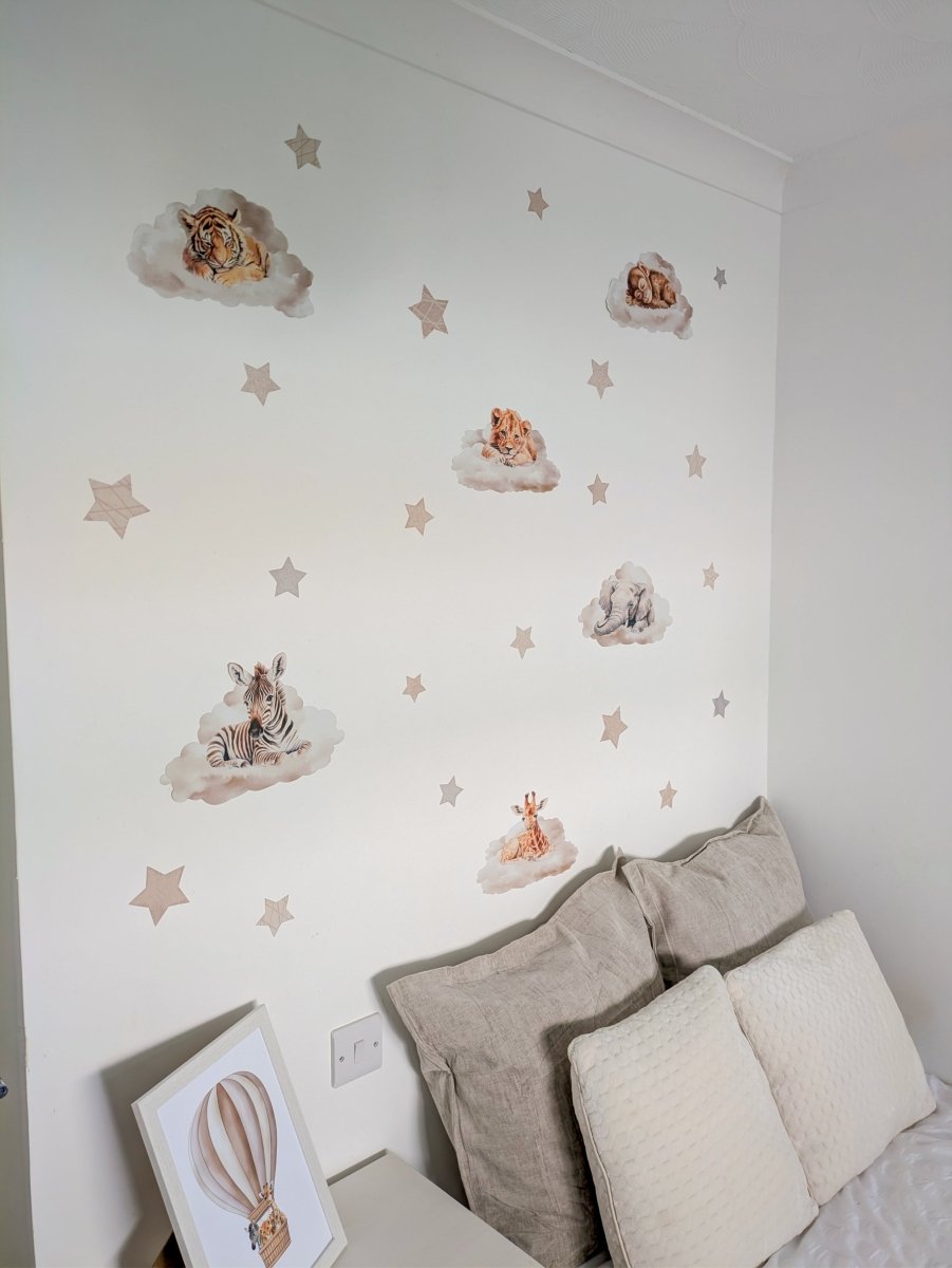 Premium Fabric Nursery Wall Stickers - Safari Animals Sleeping on Clouds - RoseRowanDesign -