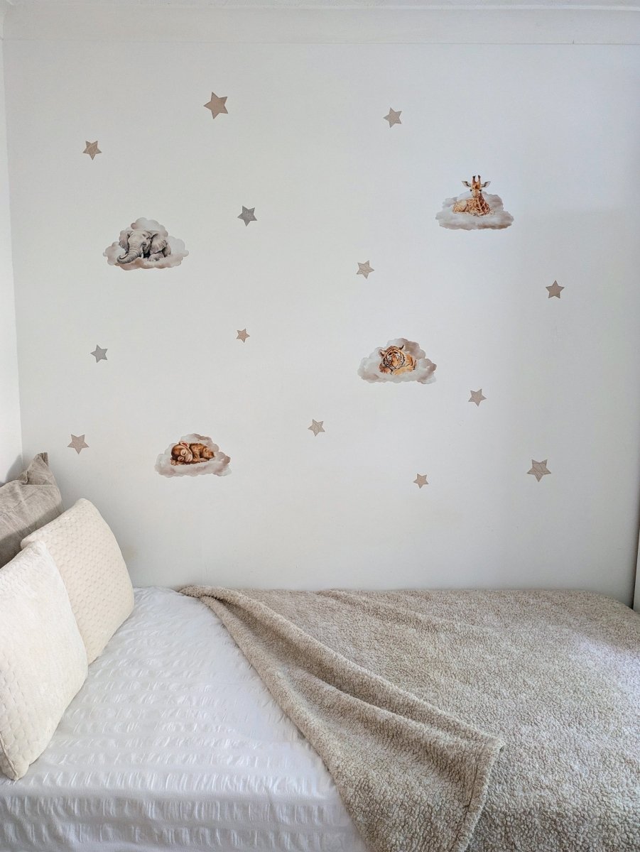 Premium Fabric Nursery Wall Stickers - Safari Animals Sleeping on Clouds - RoseRowanDesign -