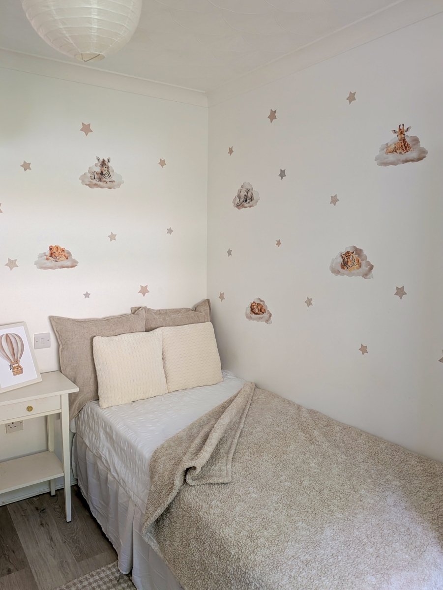 Premium Fabric Nursery Wall Stickers - Safari Animals Sleeping on Clouds - RoseRowanDesign -