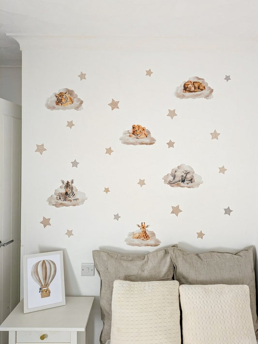 Premium Fabric Nursery Wall Stickers - Safari Animals Sleeping on Clouds - RoseRowanDesign -
