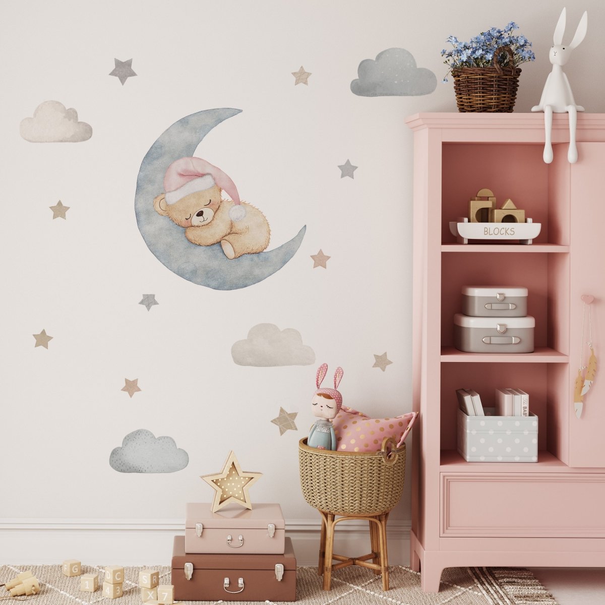 Premium Fabric Nursery Wall Stickers - Teddy Moon & Stars - 3 Colours Available - RoseRowanDesign -