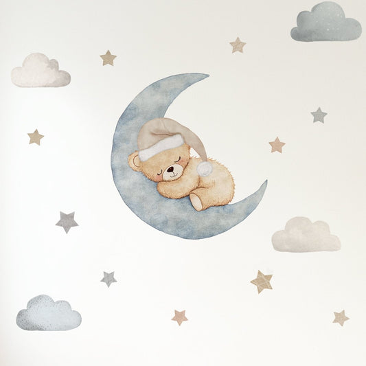 Premium Fabric Nursery Wall Stickers - Teddy Moon & Stars - 3 Colours Available - RoseRowanDesign -