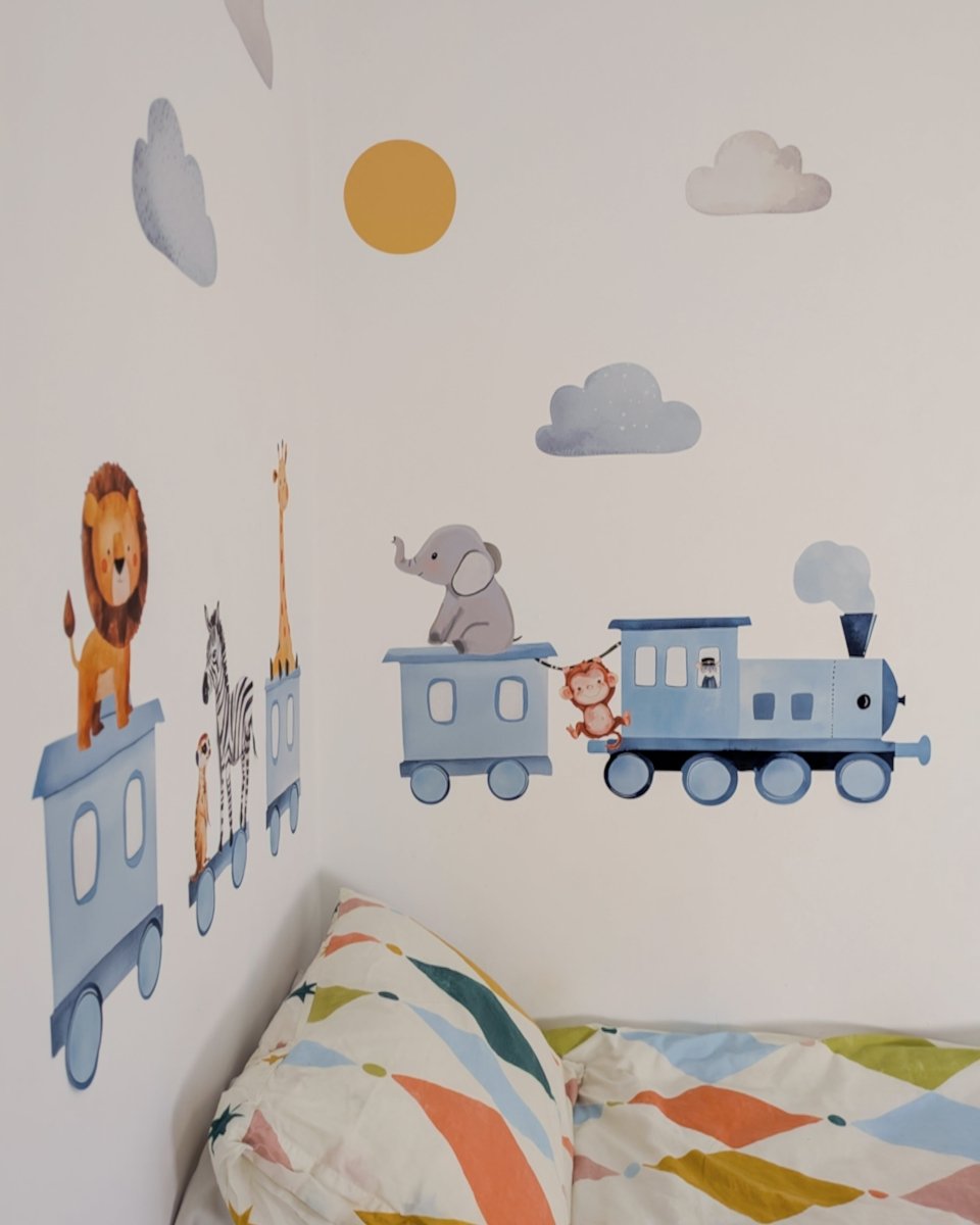 Premium Fabric Nursery Wall Stickers - Train and Safari Animals - RoseRowanDesign -