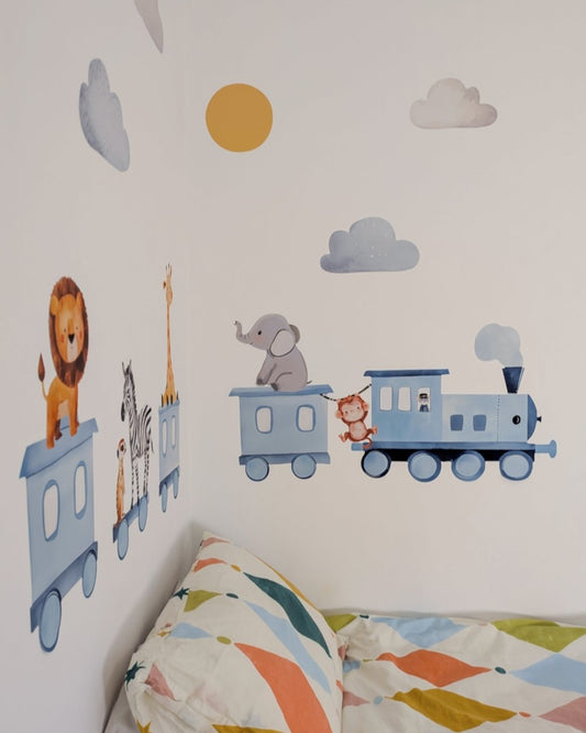 Premium Fabric Nursery Wall Stickers - Train and Safari Animals - RoseRowanDesign -
