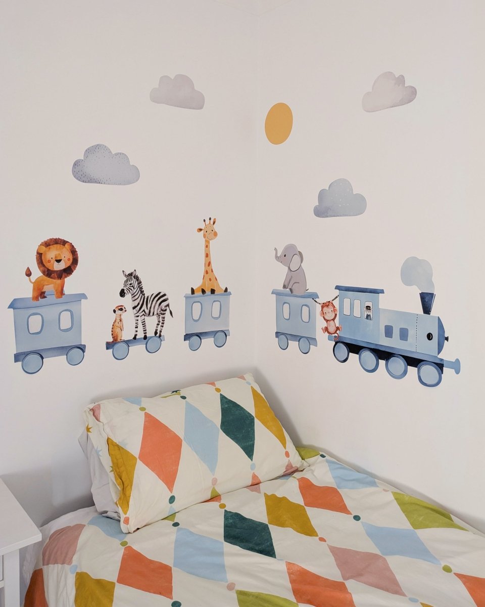 Premium Fabric Nursery Wall Stickers - Train and Safari Animals - RoseRowanDesign -