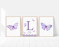 Load image into Gallery viewer, Purple Butterfly Personalised Nursery Prints | Set of 3 | Wall Art for Baby Girls' Room - RoseRowanDesign -