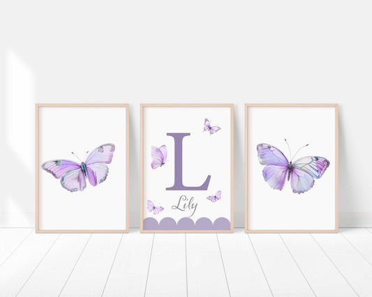 Purple Butterfly Personalised Nursery Prints | Set of 3 | Wall Art for Baby Girls' Room - RoseRowanDesign -