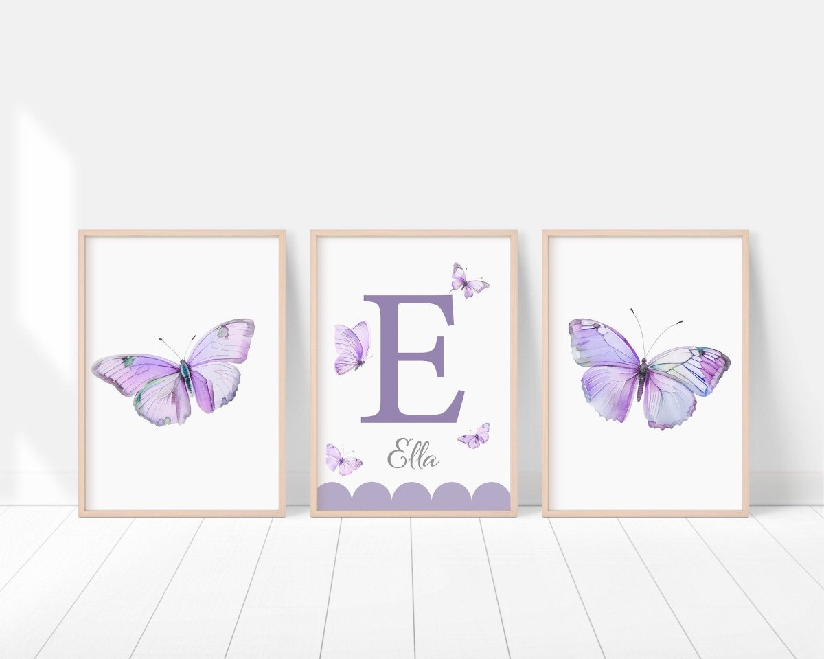 Purple Butterfly Personalised Nursery Prints | Set of 3 | Wall Art for Baby Girls' Room - RoseRowanDesign -
