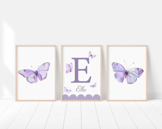 Purple Butterfly Personalised Nursery Prints | Set of 3 | Wall Art for Baby Girls' Room - RoseRowanDesign -