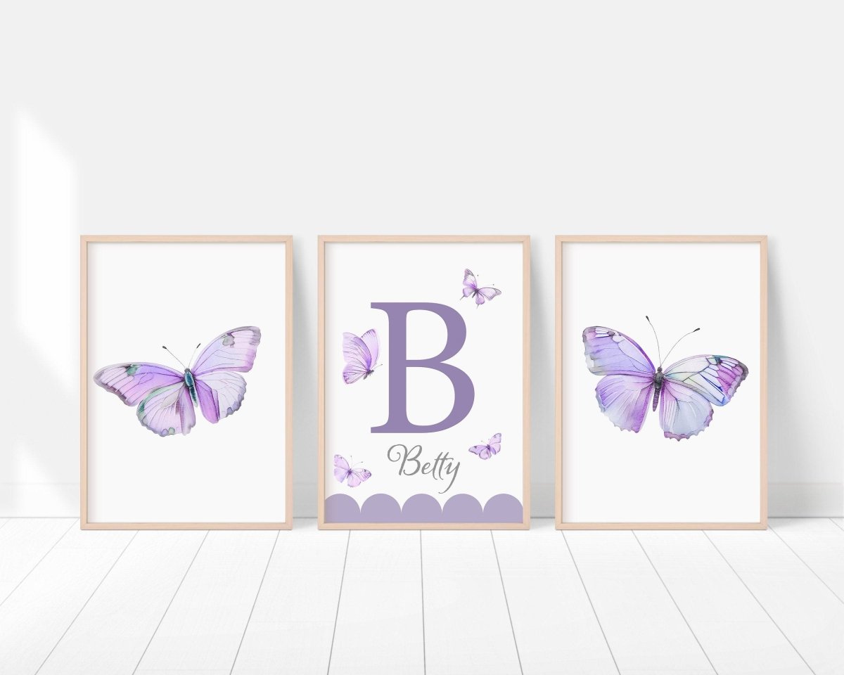 Purple Butterfly Personalised Nursery Prints | Set of 3 | Wall Art for Baby Girls' Room - RoseRowanDesign -