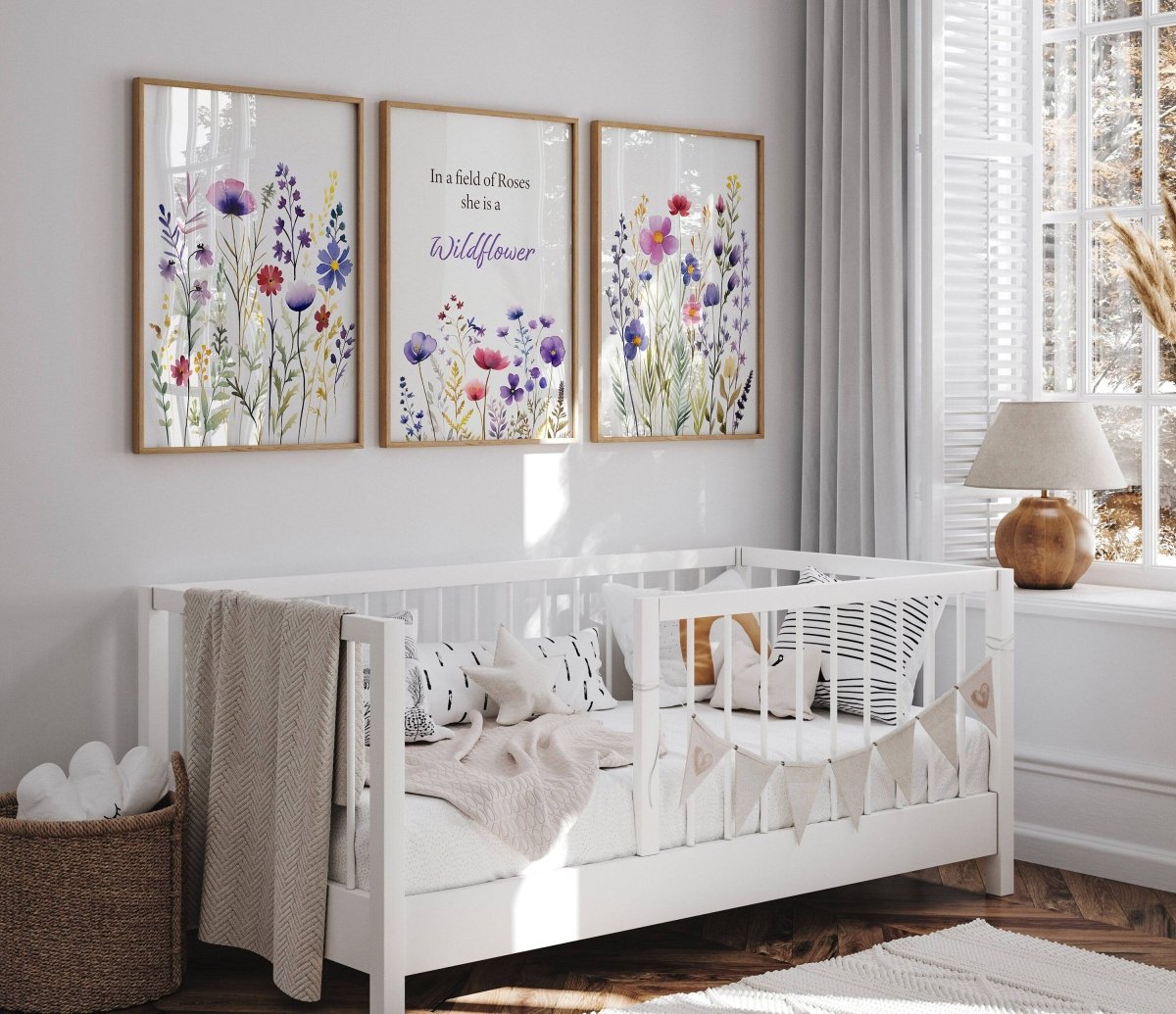 Purple Wildflower Nursery Prints | Set of 3 | Floral Decor for Baby Girls' Room - RoseRowanDesign -