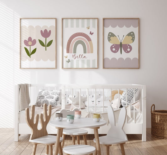 Rainbow, Flowers and Butterflies | Set of 3 Personalised Girls Room Decor - RoseRowanDesign - Wall Art