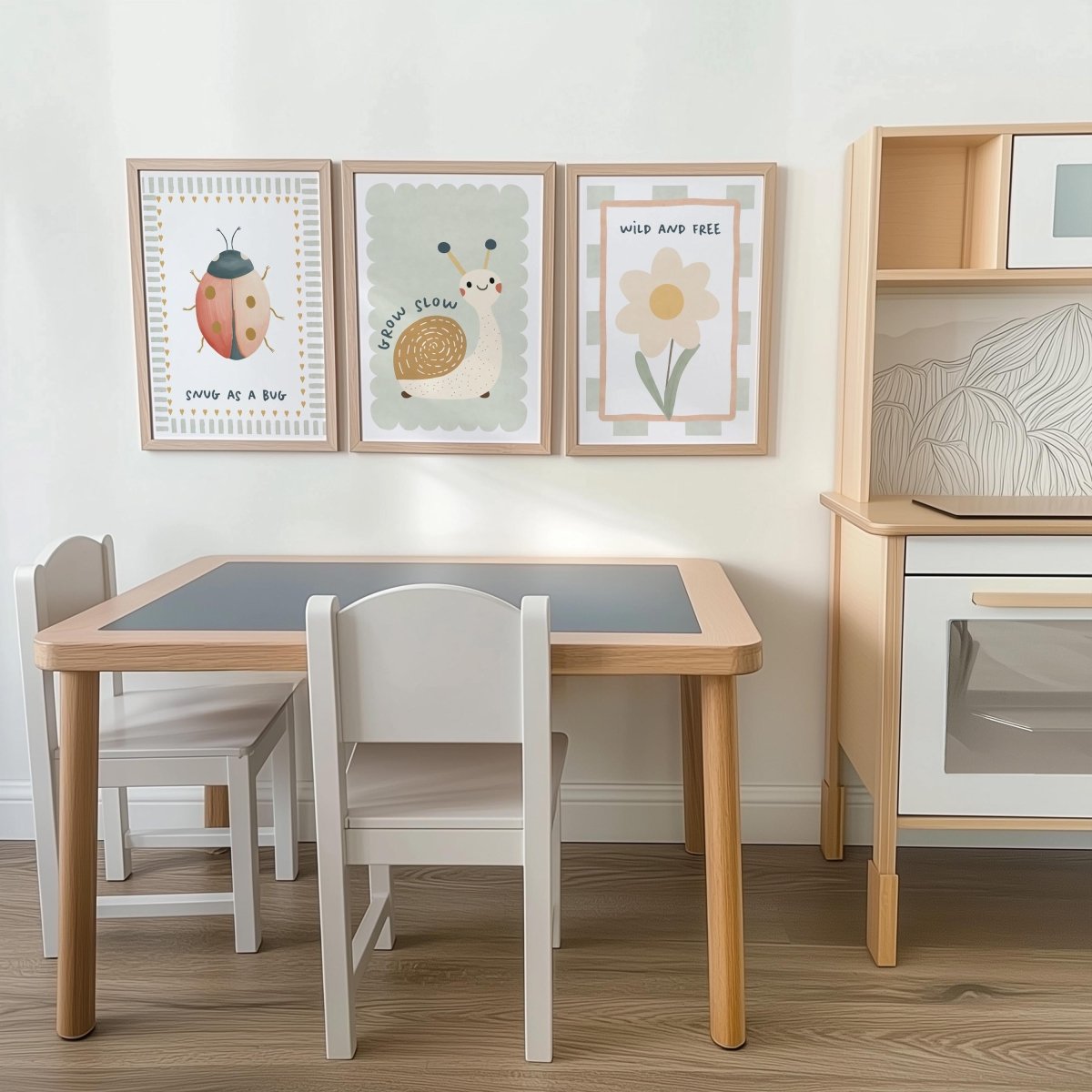 Retro Folk Nursery Print Set – Snail, Ladybird & Daisy - RoseRowanDesign -