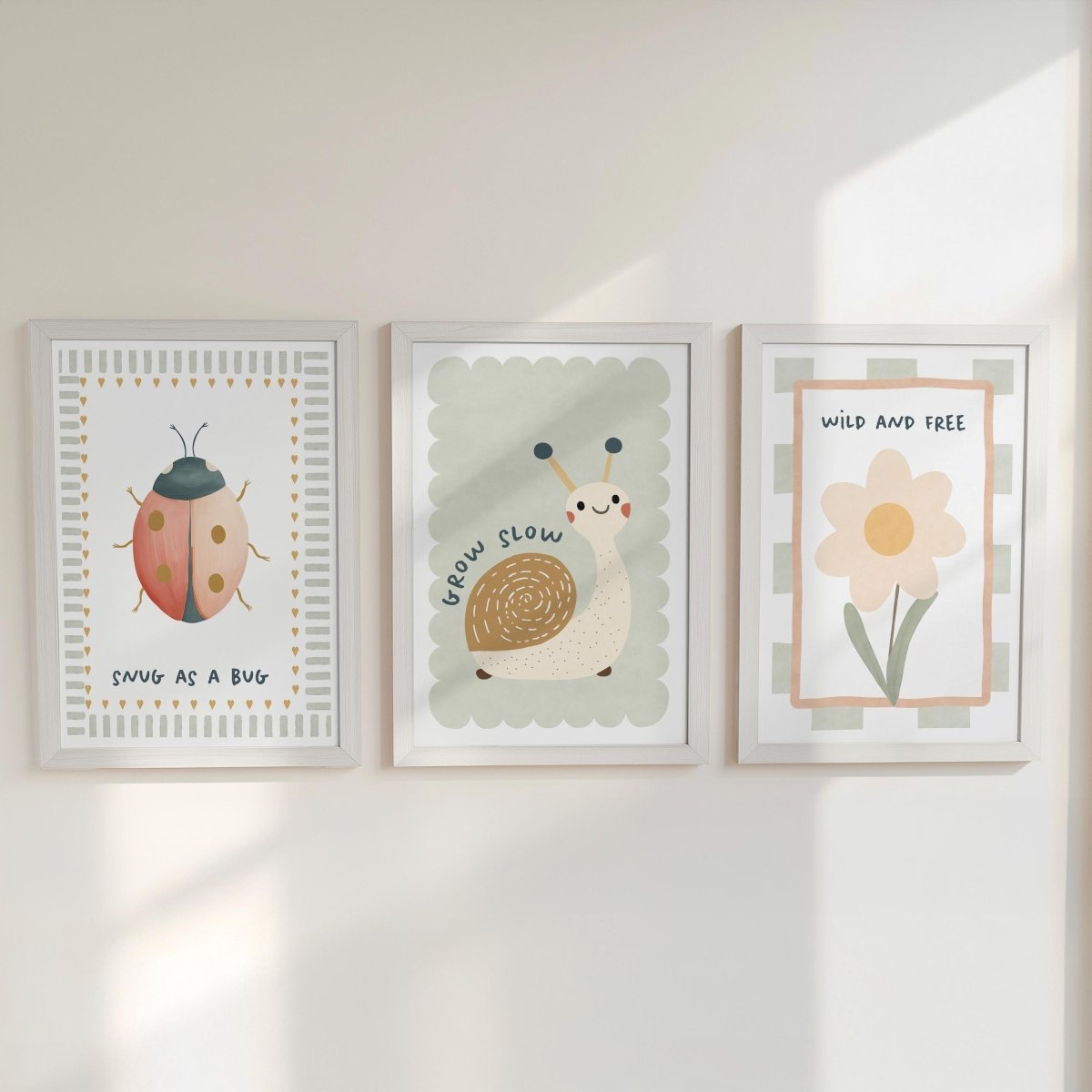 Retro Folk Nursery Print Set – Snail, Ladybird & Daisy - RoseRowanDesign -